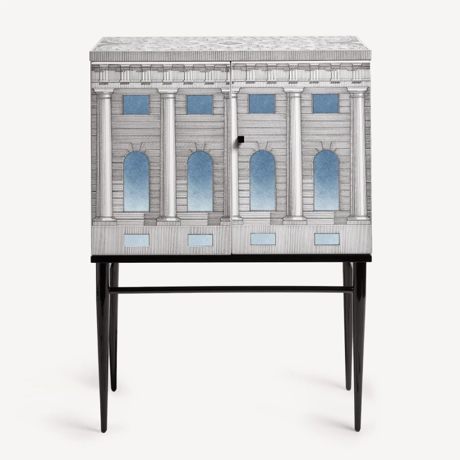 Fornasetti Raised Small Sideboard Architettura Celeste in White, Black & Light Blue