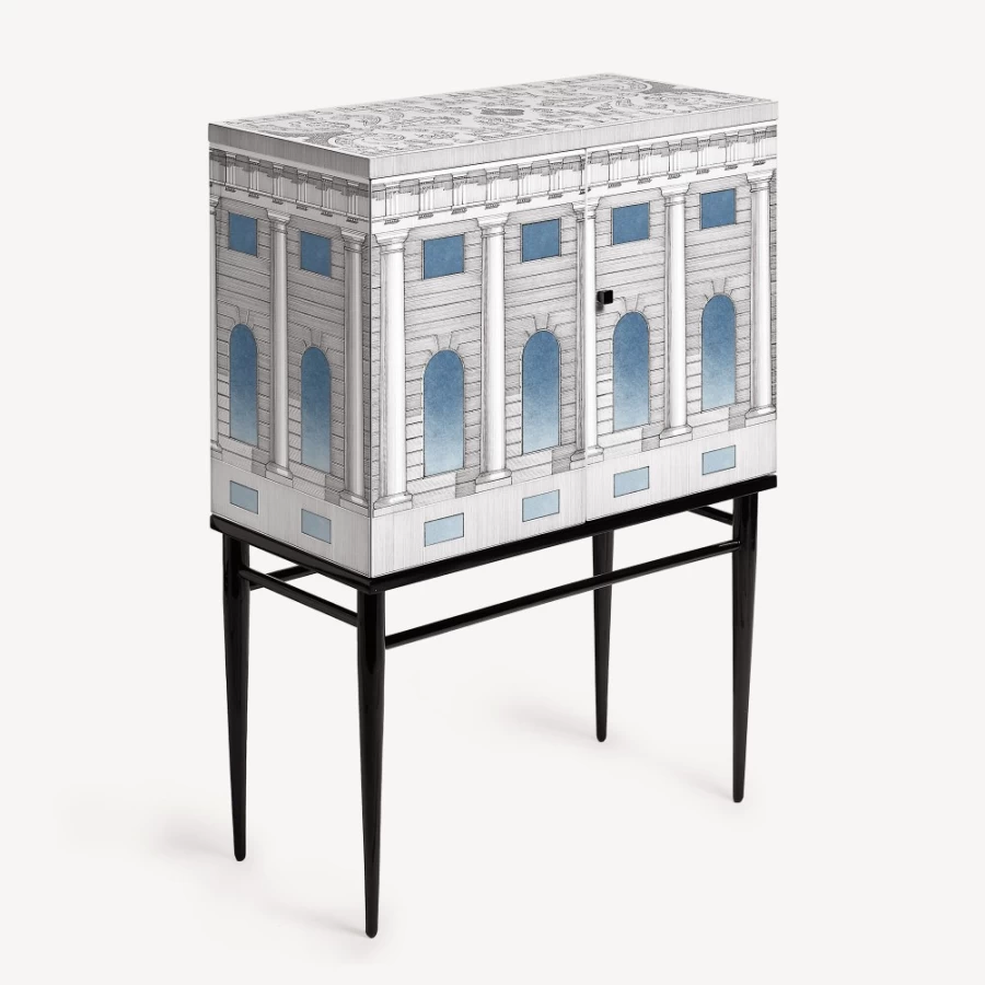 Fornasetti Raised Small Sideboard Architettura Celeste in White, Black & Light Blue