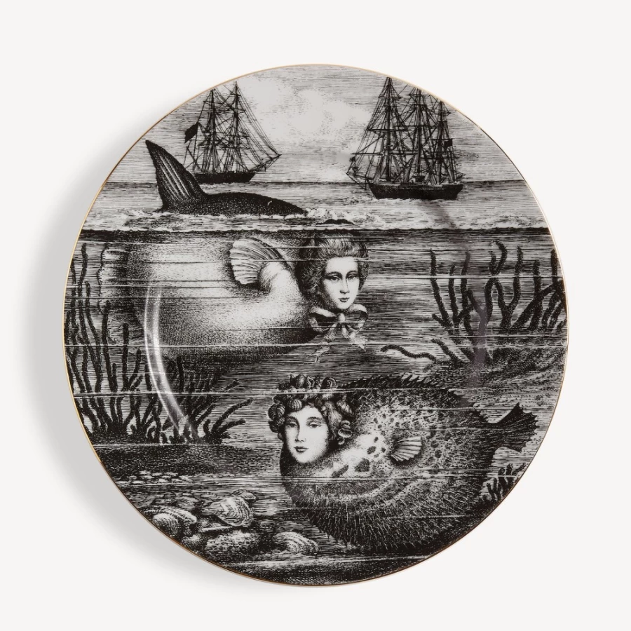 Fornasetti Sirene No.5 Decorative Rim Plate in White, Black & Gold - Hand-Painted Collectible Ceramic Dish
