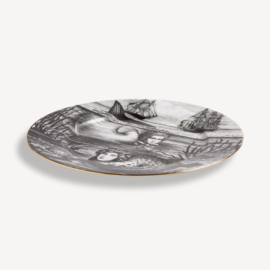 Fornasetti Sirene No.5 Decorative Rim Plate in White, Black & Gold - Hand-Painted Collectible Ceramic Dish
