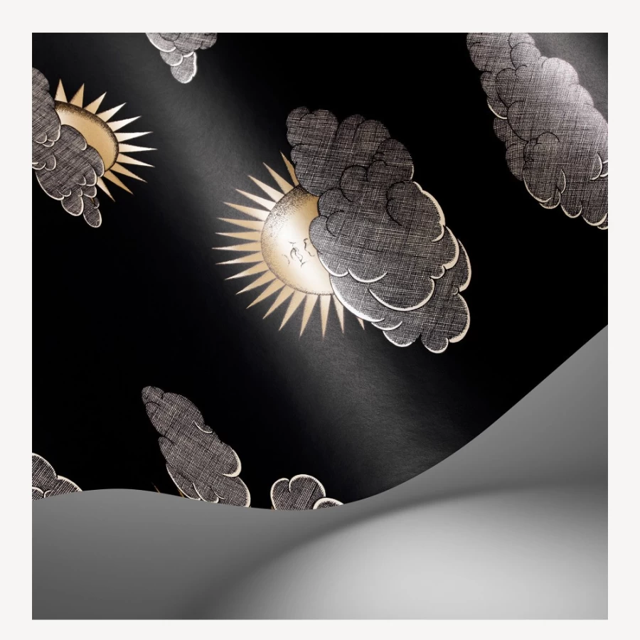 Fornasetti Gold & Silver On Charcoal Wallpaper - Soli E Nuvole Design