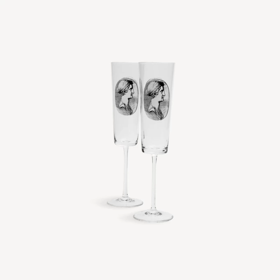 Fornasetti 2 Flutes Set Cammei - White and Black Ceramic Flutes for Elegant Dining