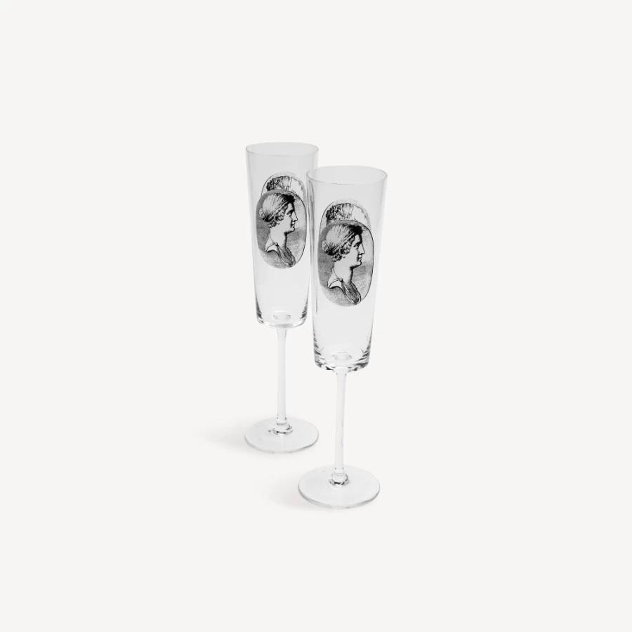 Fornasetti 2 Flutes Set Cammei - White and Black Ceramic Flutes for Elegant Dining