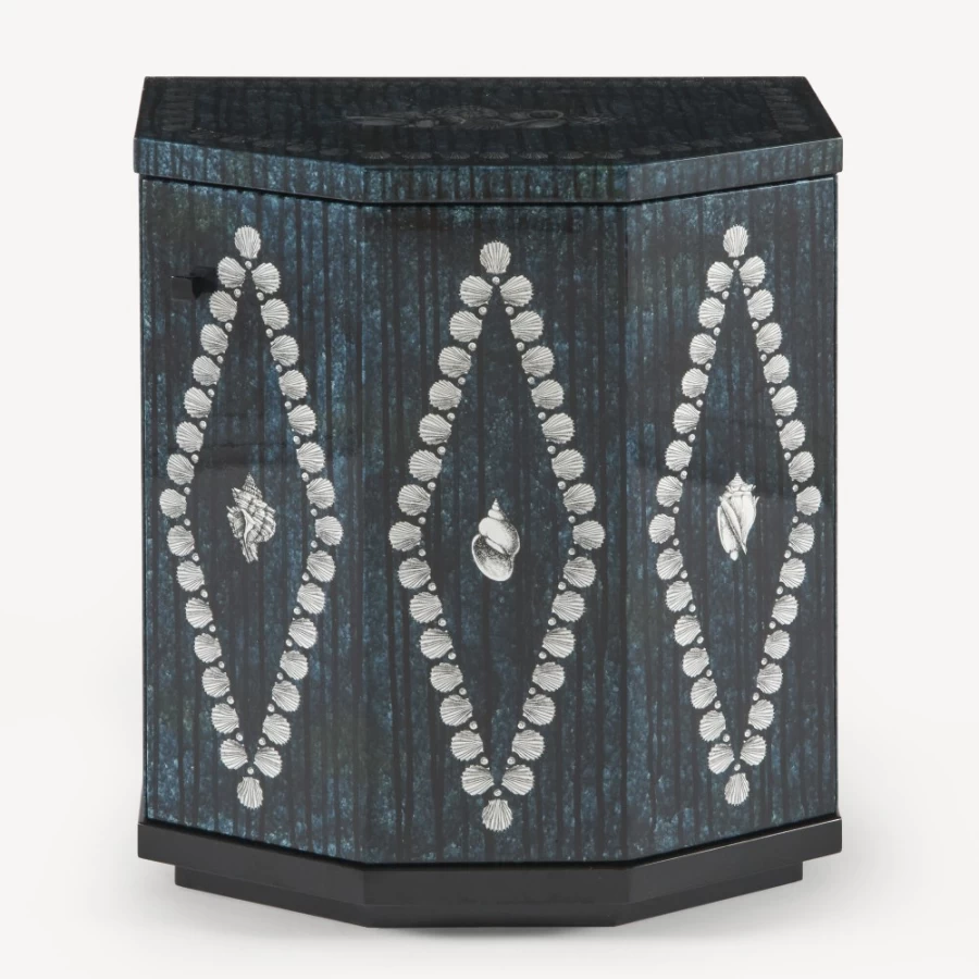 Fornasetti Silver and Blue Polyhedral Night Stand with Shell Motif - Giro Di Conchiglie Design