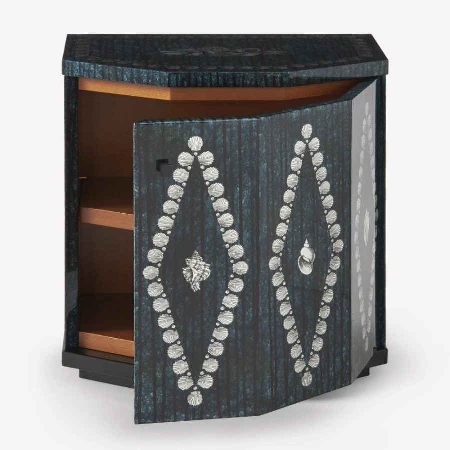 Fornasetti Silver and Blue Polyhedral Night Stand with Shell Motif - Giro Di Conchiglie Design